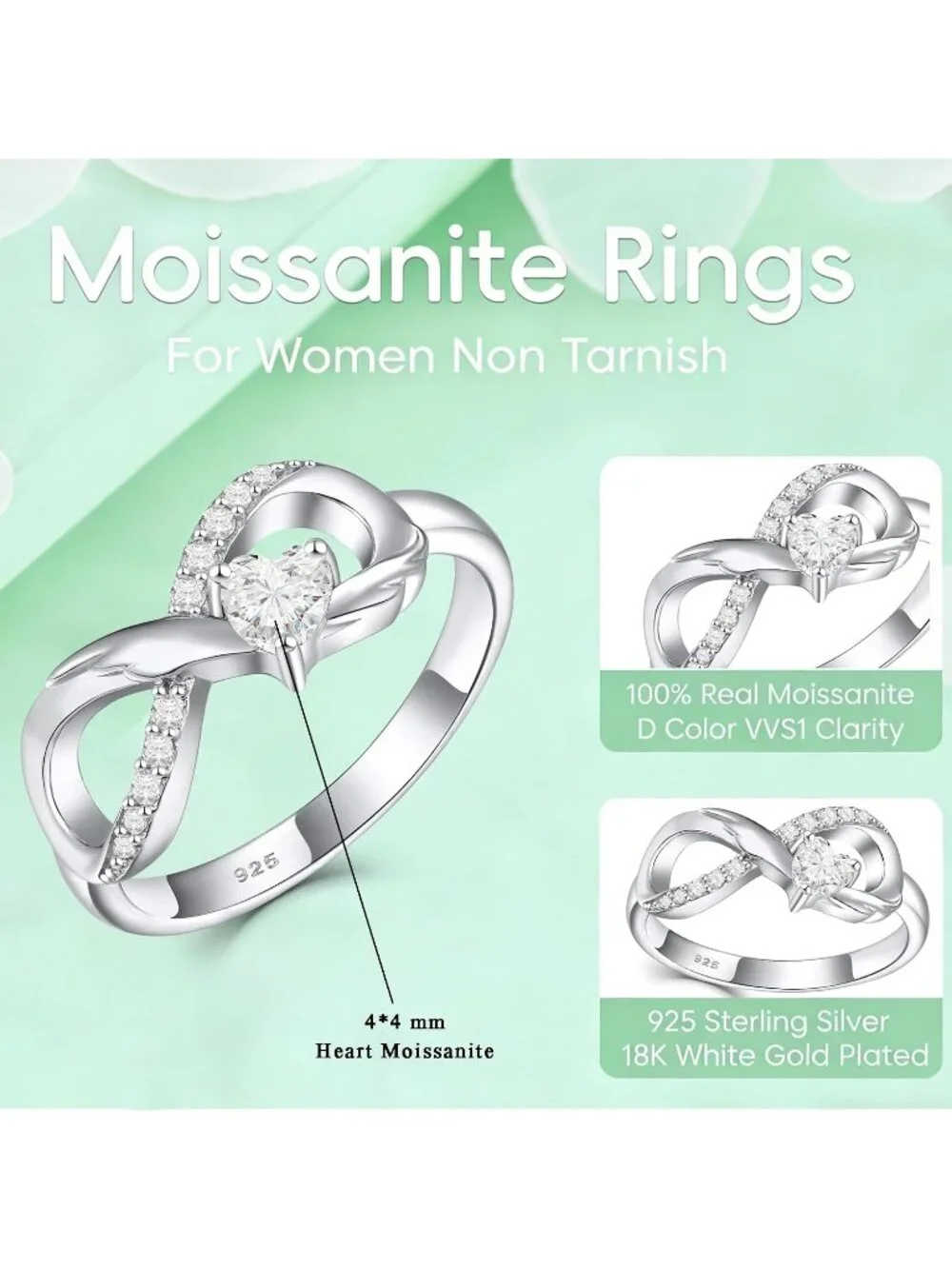 Women's Moissanite 925 Sterling Silver Infinity Promise Angel Wings Heart Ring